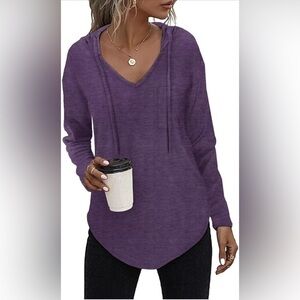 RIROW Women's Tops Hoodies Long Sleeve Drawstring Sweatshirt Purple V-Neck M